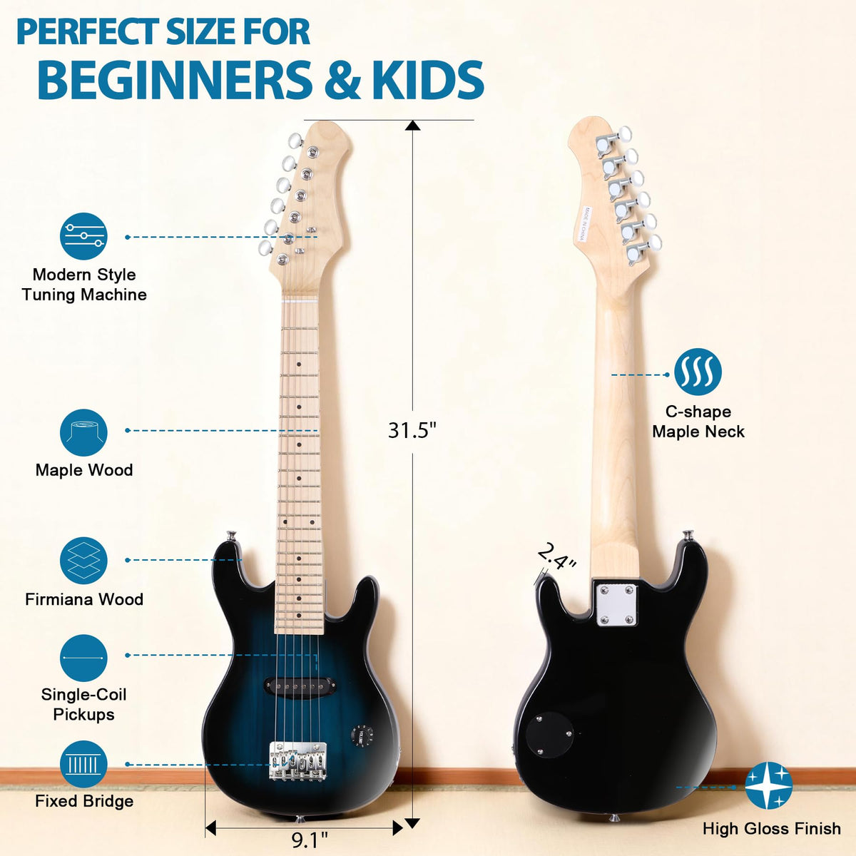 30" Blue Electric Guitar Beginner Kit with Amp and Bag U50053