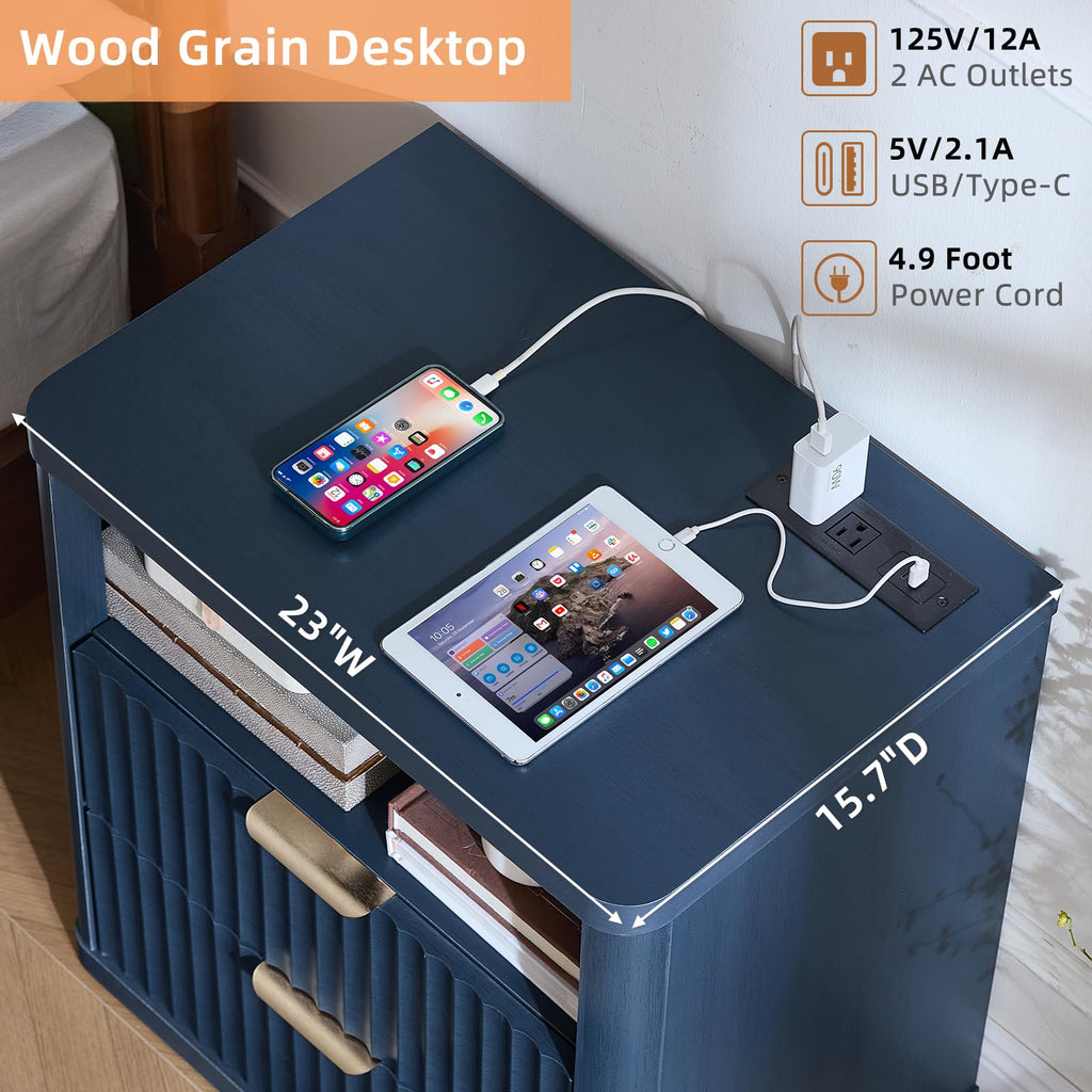 Blue 2 Drawer Fluted Nightstand with Charging Station T28449