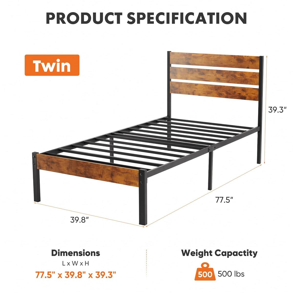Twin Platform Bed Frame with Wooden Headboard and Footboard K68995