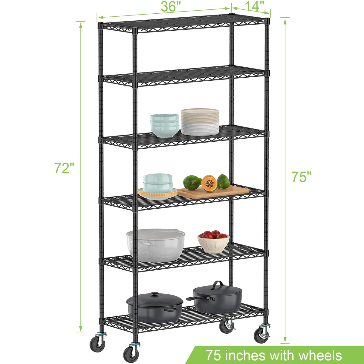 6 Tier Wire Metal Shelving Rack with Wheels F61855