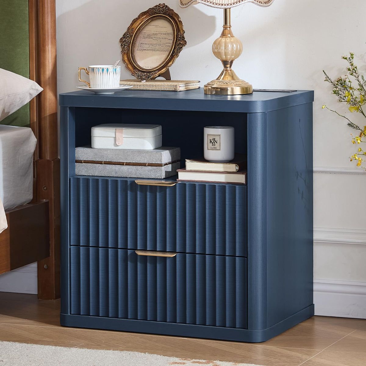 Blue 2 Drawer Fluted Nightstand with Charging Station T28449