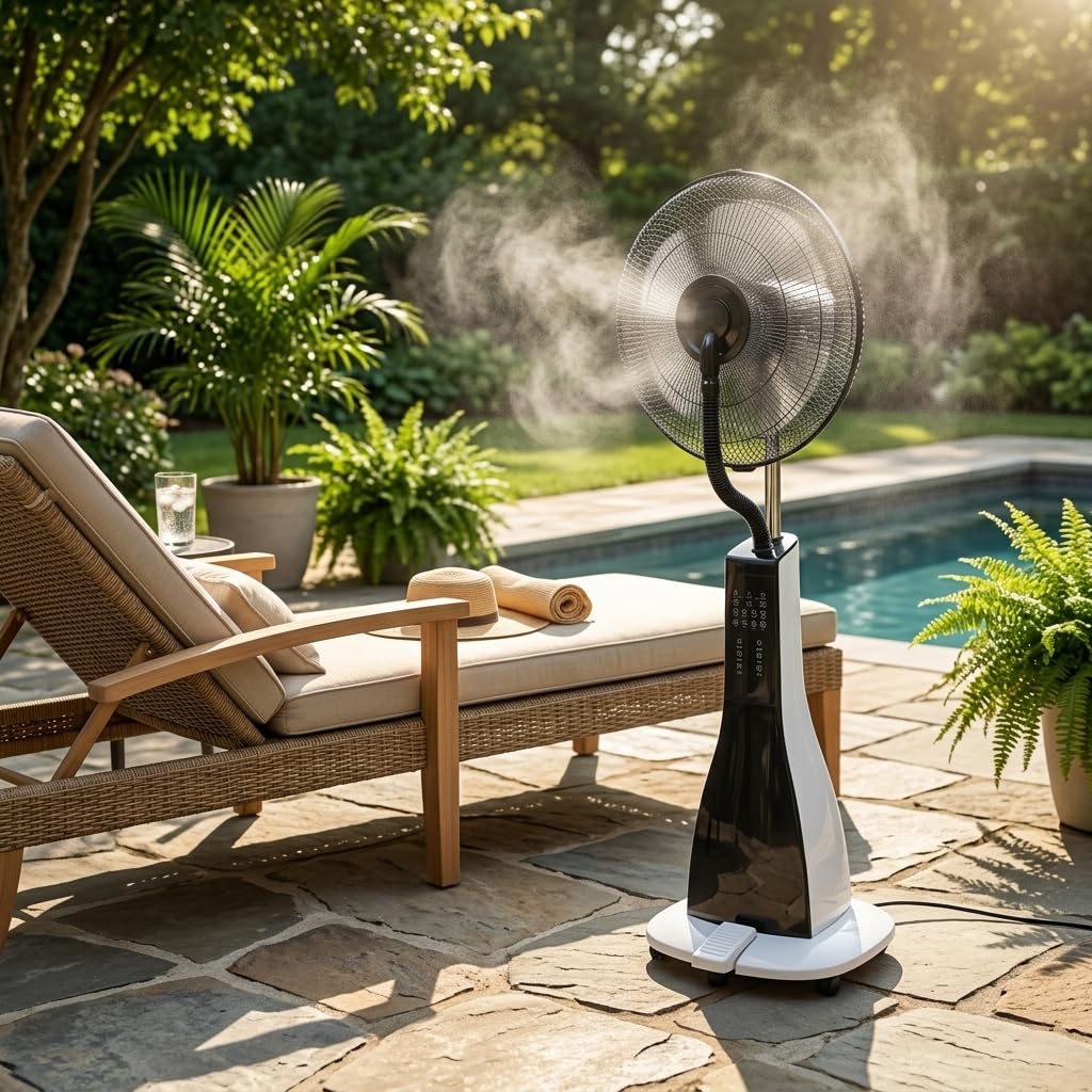 47" Misting Oscillating Pedestal Fan with Water Tank, Remote, Timer, 3 Speeds, Black White H42716