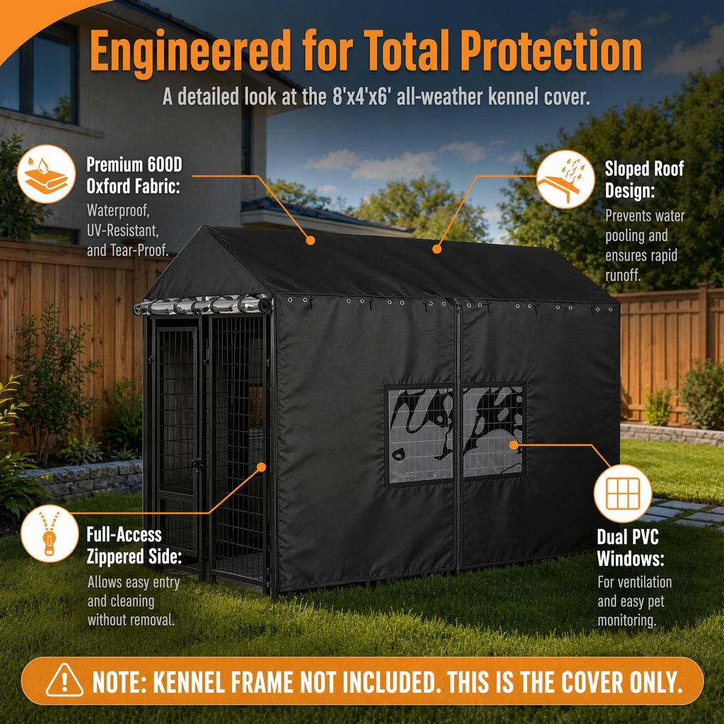 Outdoor Dog Kennel Cover with Clear PVC Windows & Roll-Up Panels H2801