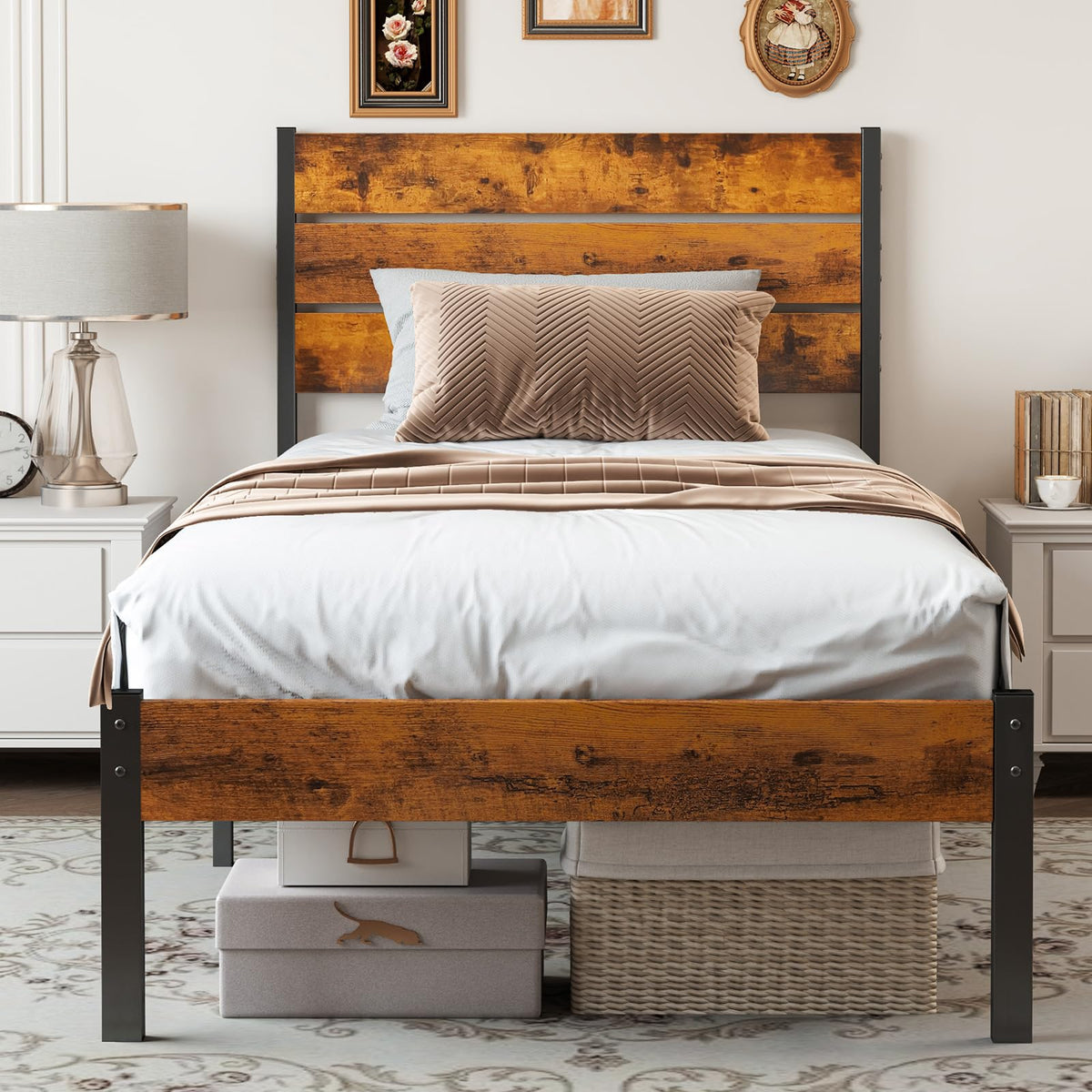 Twin Platform Bed Frame with Wooden Headboard and Footboard K68995