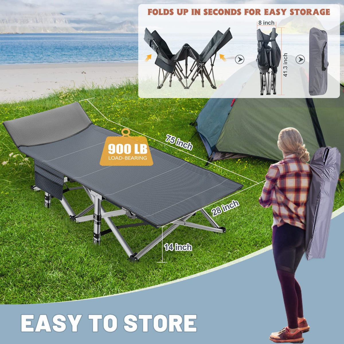 Folding Camping Cot with Mat & Carry Bag V91579
