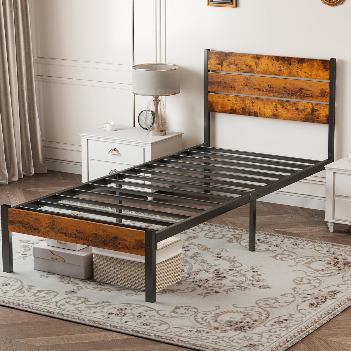Twin Platform Bed Frame with Wooden Headboard and Footboard K68995