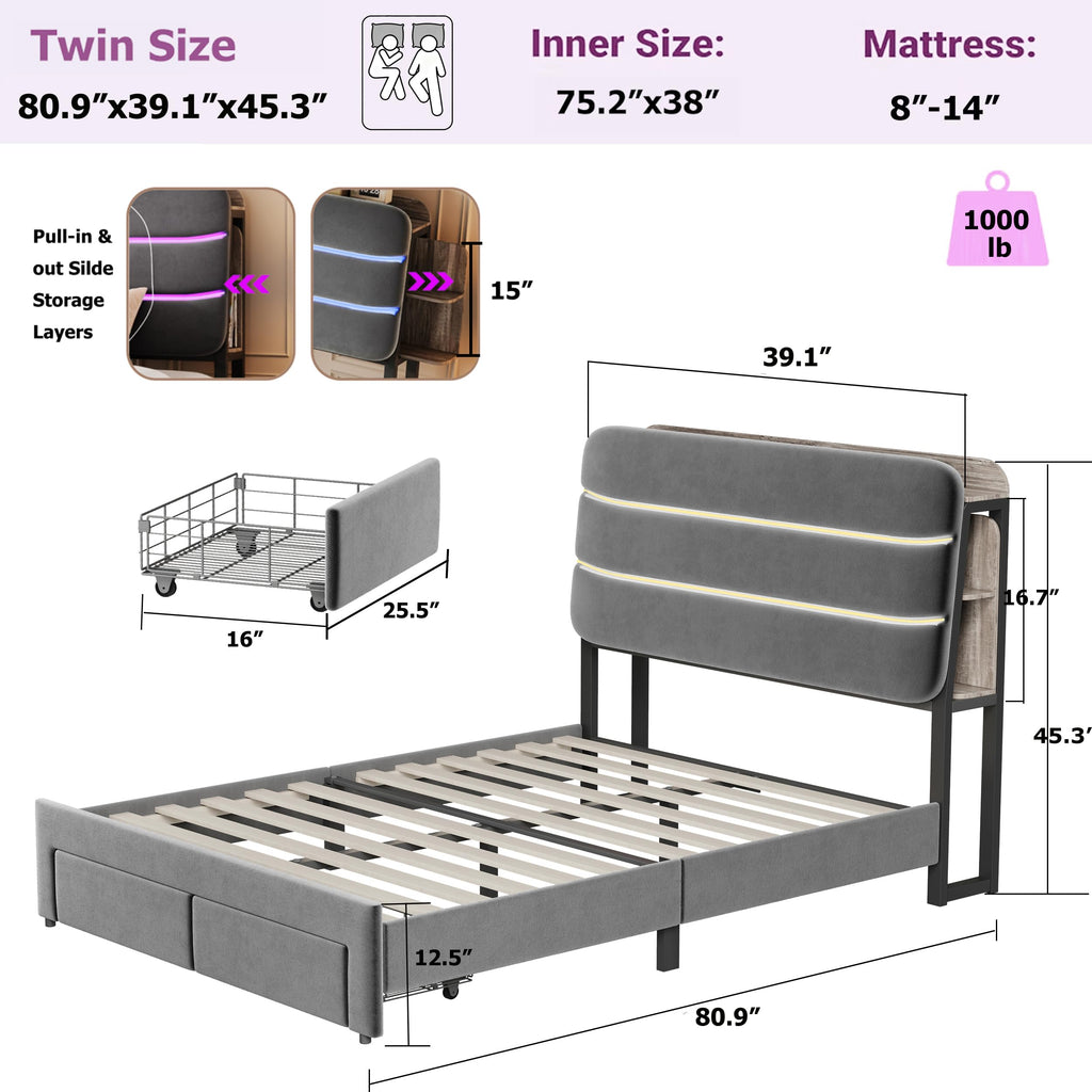 Twin Size Bed Frame with Drawer and Storage Headboard Z85688