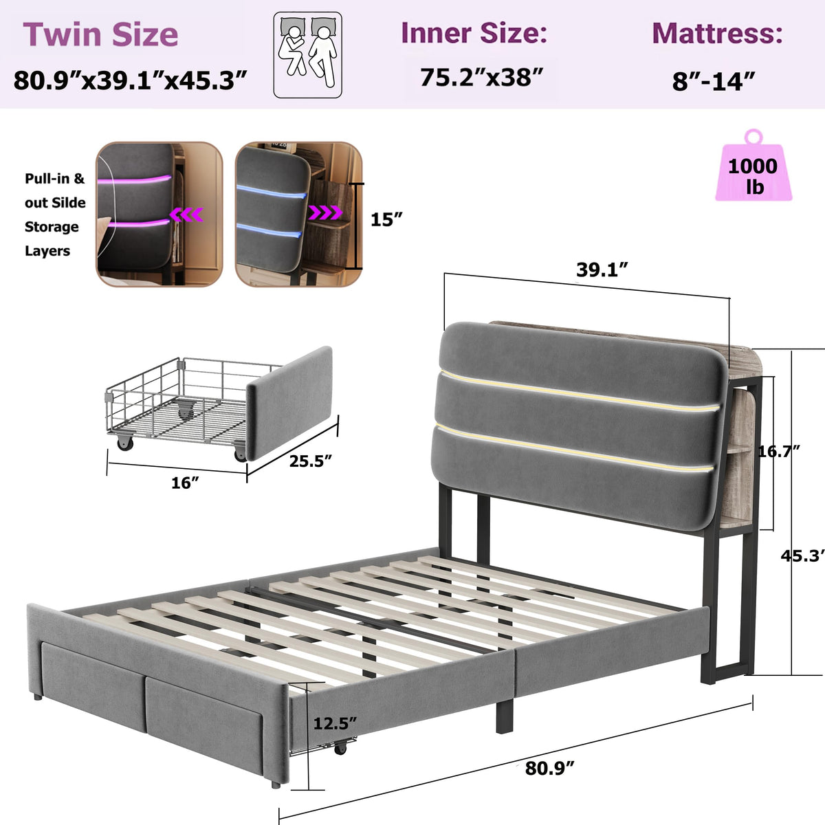 Twin Size Bed Frame with Drawer and Storage Headboard Z85688