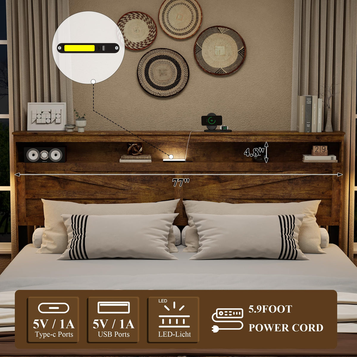 King Size Wood Platform Bed Frame with Headboard Storage Shelf P954914