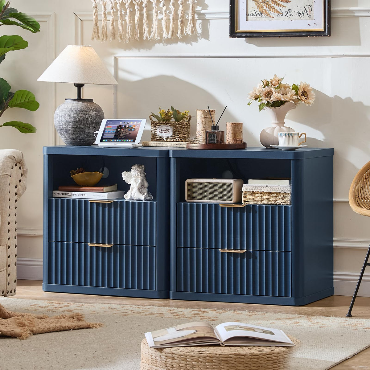 Blue 2 Drawer Fluted Nightstand with Charging Station T28449
