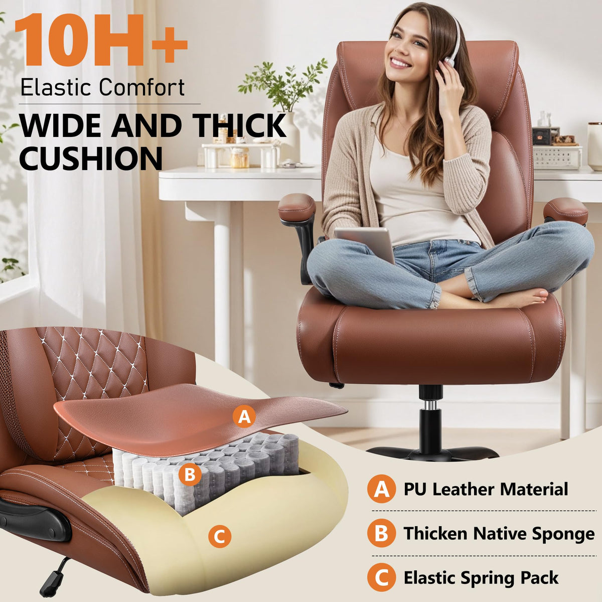 Brown Ergonomic Leather Office Chair with Lumbar Support G155851