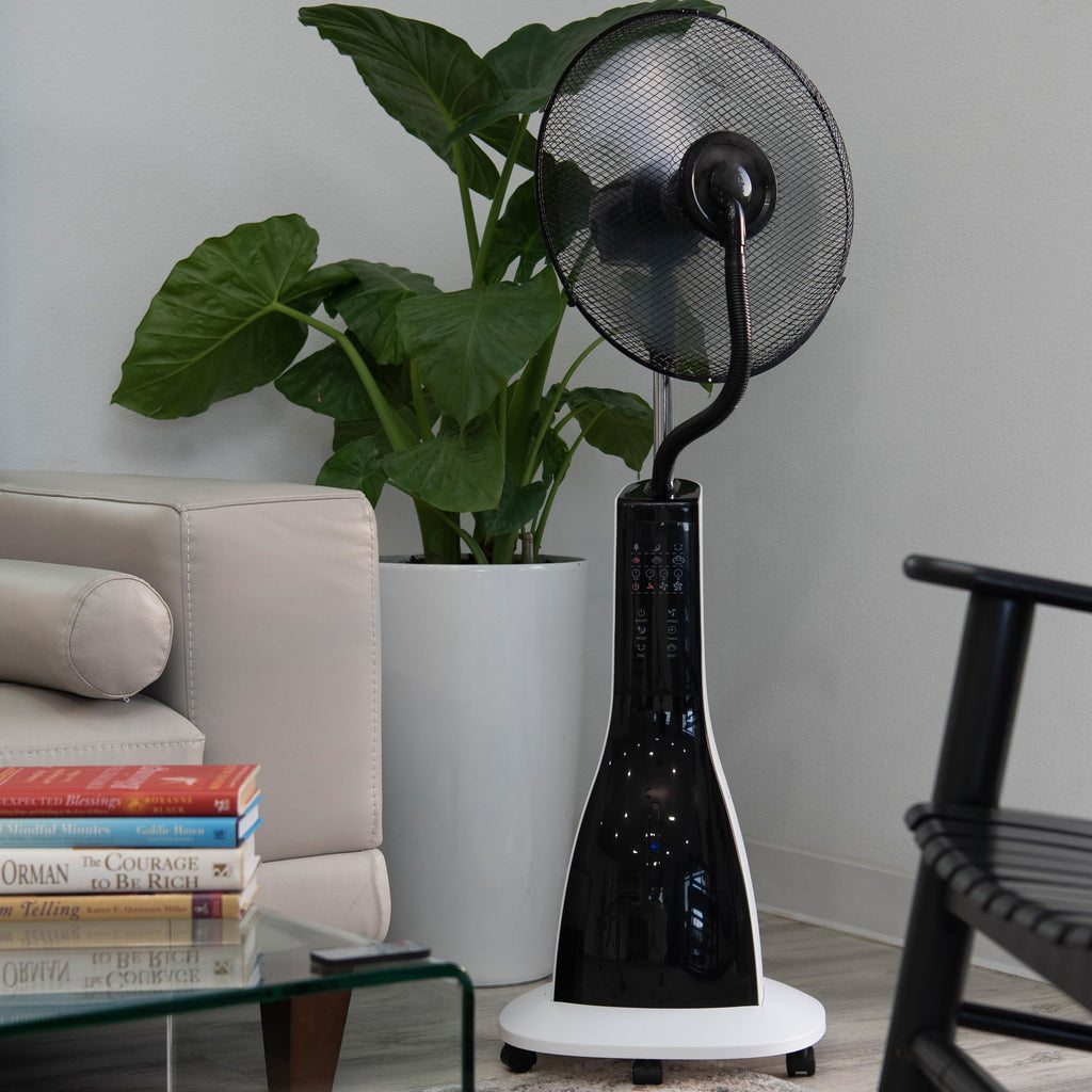 47" Misting Oscillating Pedestal Fan with Water Tank, Remote, Timer, 3 Speeds, Black White H42716