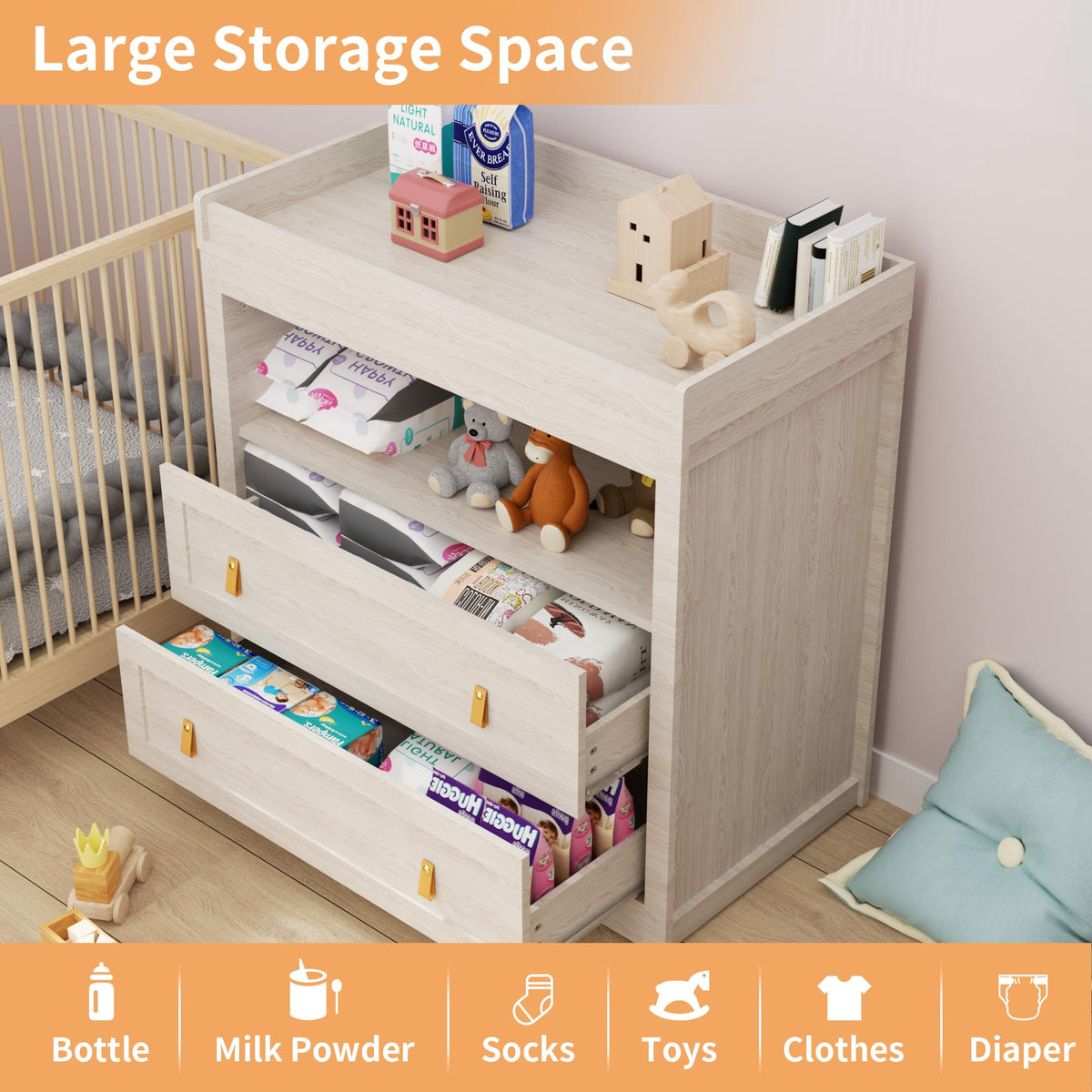 Beige Baby Dresser with Changing Table Top K853031