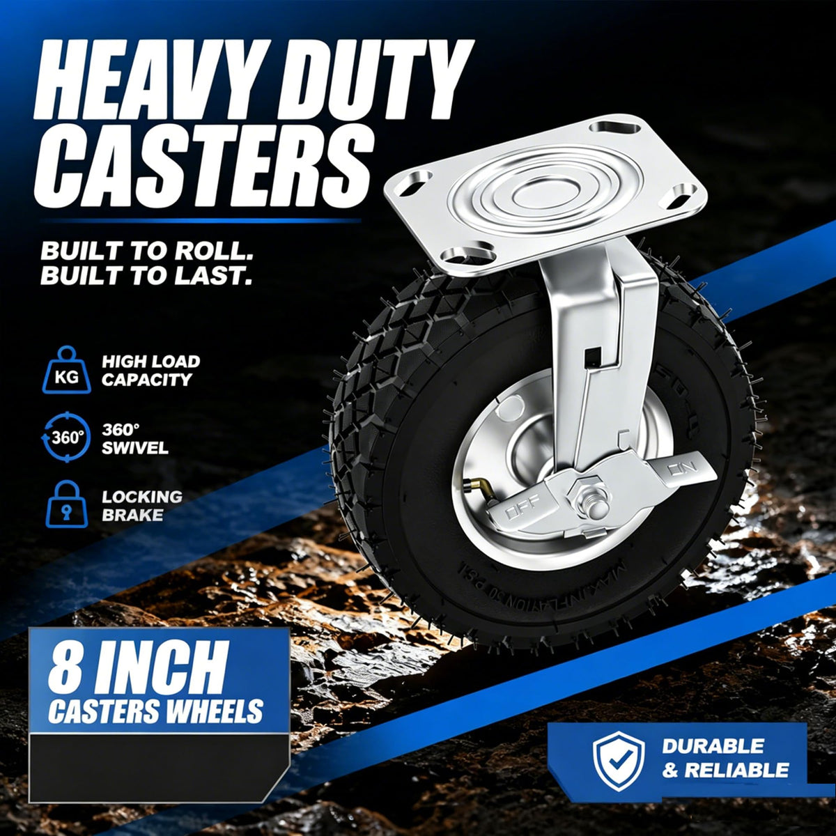 8 Inch Heavy Duty Pneumatic Caster Wheels with Brake, 1000 lbs Capacity, Set of 4 Q773320