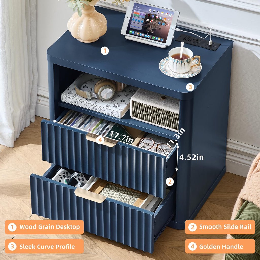 Blue 2 Drawer Fluted Nightstand with Charging Station T28449