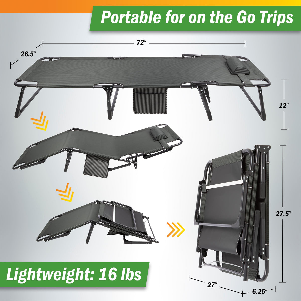 Folding Camping Cot with Mattress, Heavy Duty Foldable Bed with 3 Recline Positions, Gray W328505