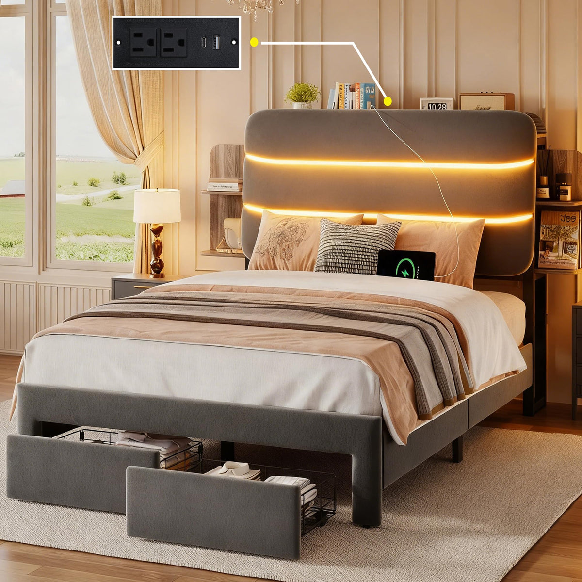 Twin Size Bed Frame with Drawer and Storage Headboard Z85688