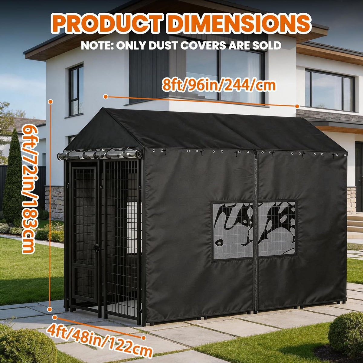 Outdoor Dog Kennel Cover with Clear PVC Windows & Roll-Up Panels H2801