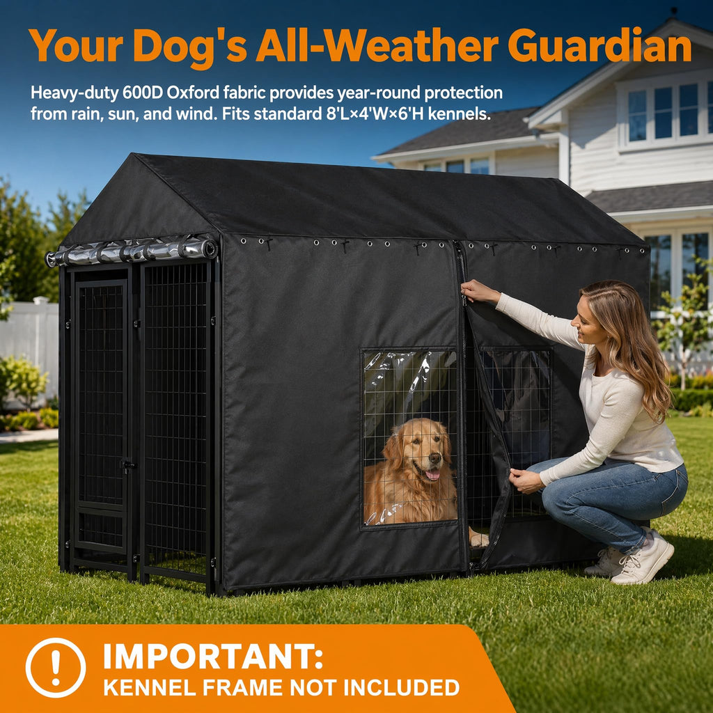 Outdoor Dog Kennel Cover with Clear PVC Windows & Roll-Up Panels H2801