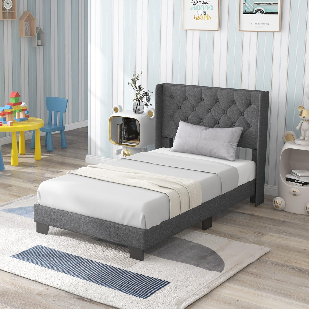 Twin Fabric Upholstered Platform Bed with Wingback Button Tufted Headboard P388