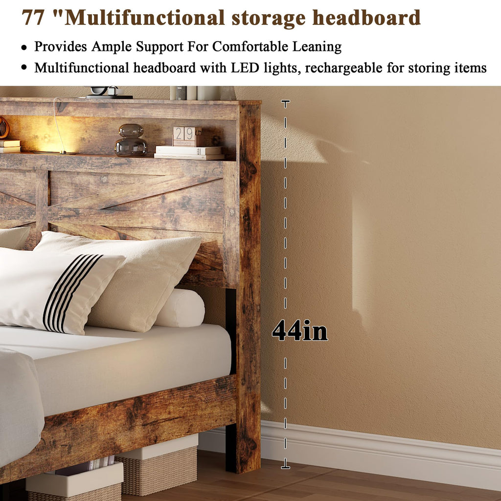 King Size Wood Platform Bed Frame with Headboard Storage Shelf P954914