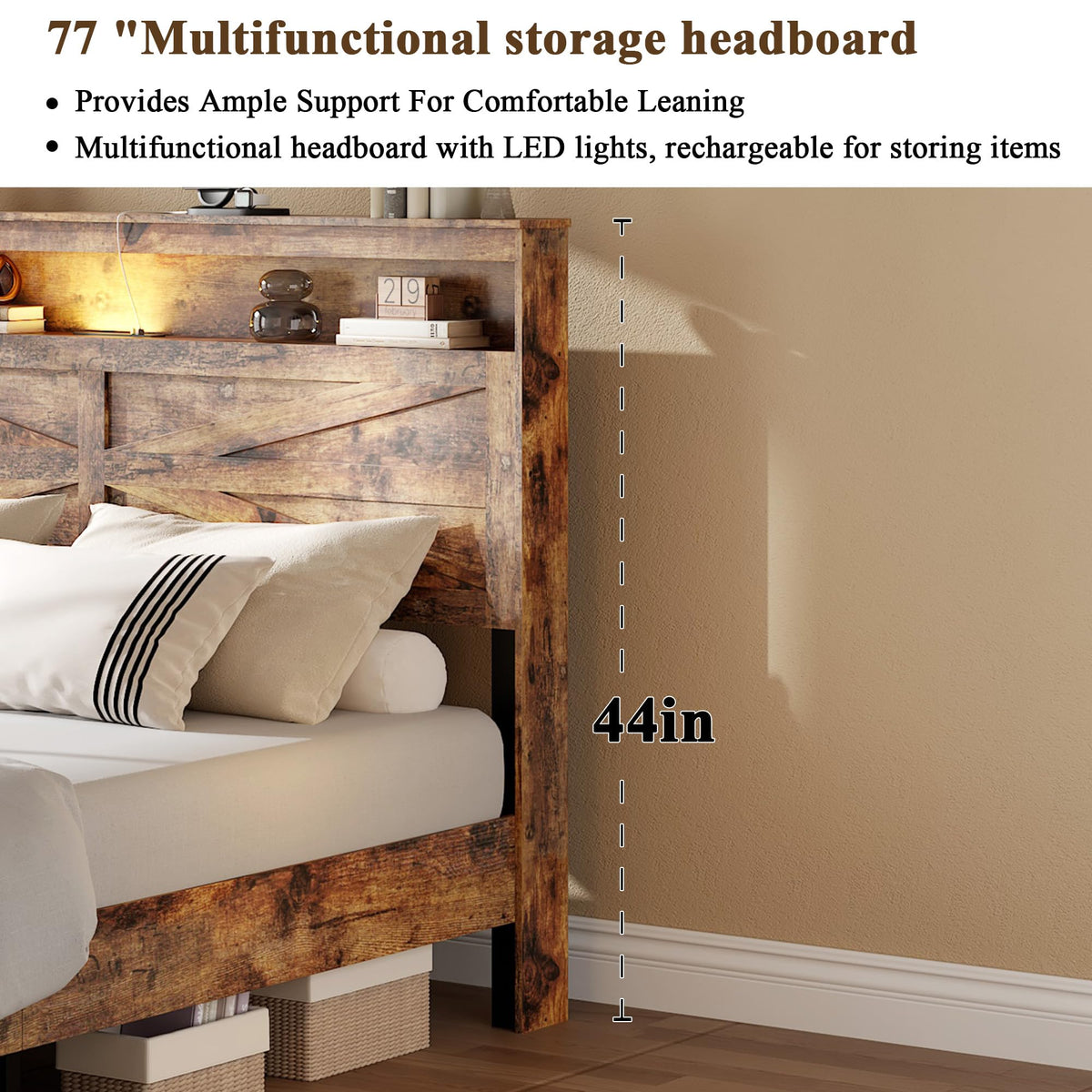 King Size Wood Platform Bed Frame with Headboard Storage Shelf P954914