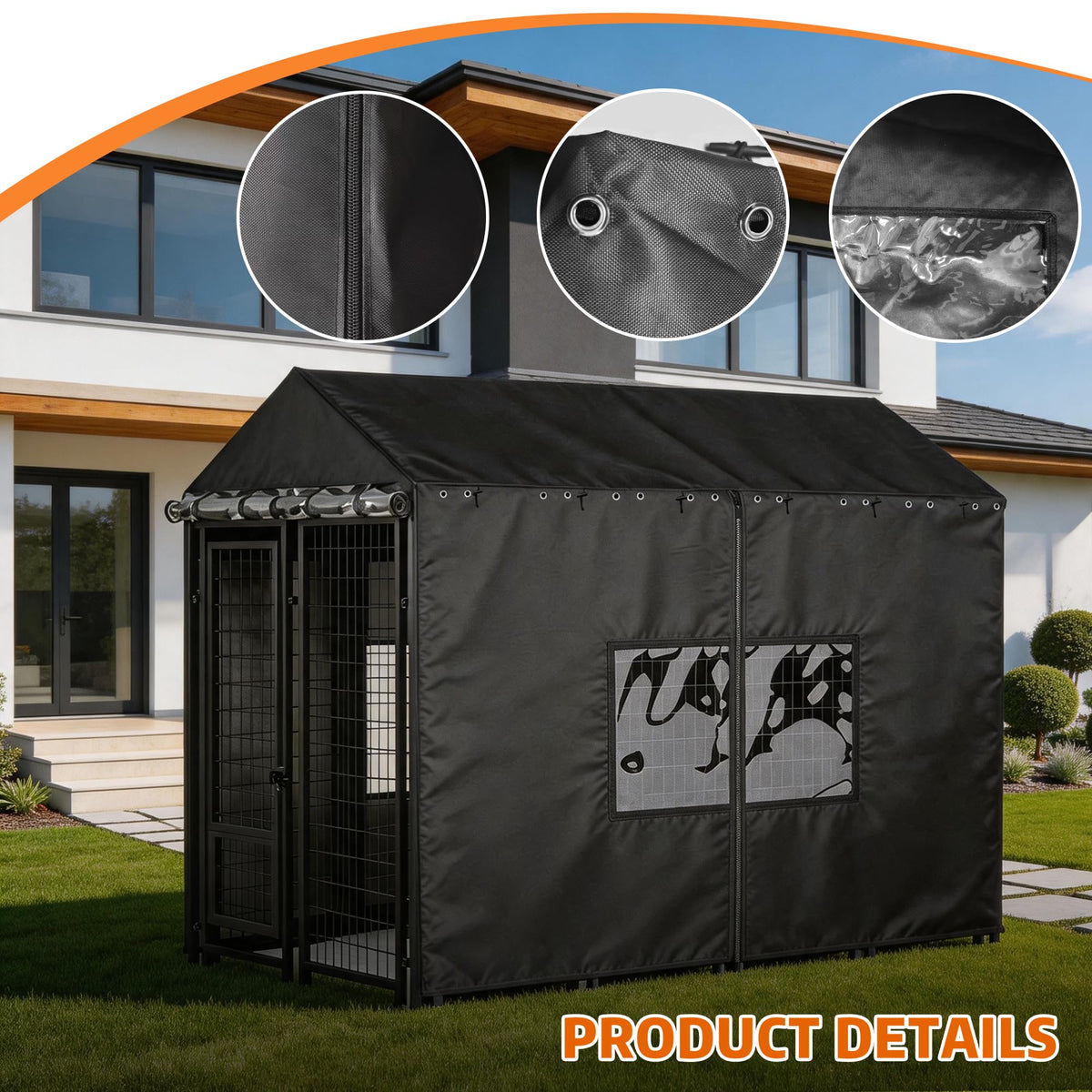 Outdoor Dog Kennel Cover with Clear PVC Windows & Roll-Up Panels H2801