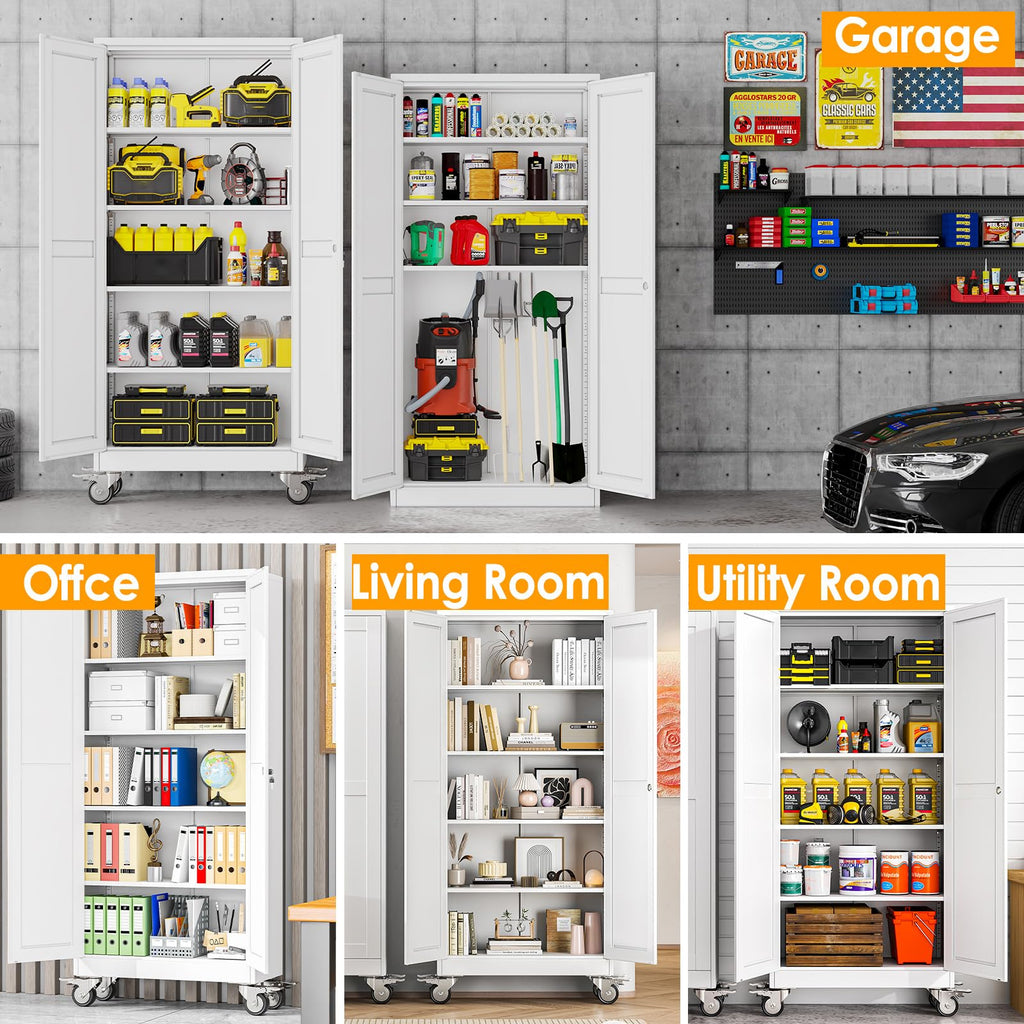71''H White Metal Storage Cabinet with Wheels U3648