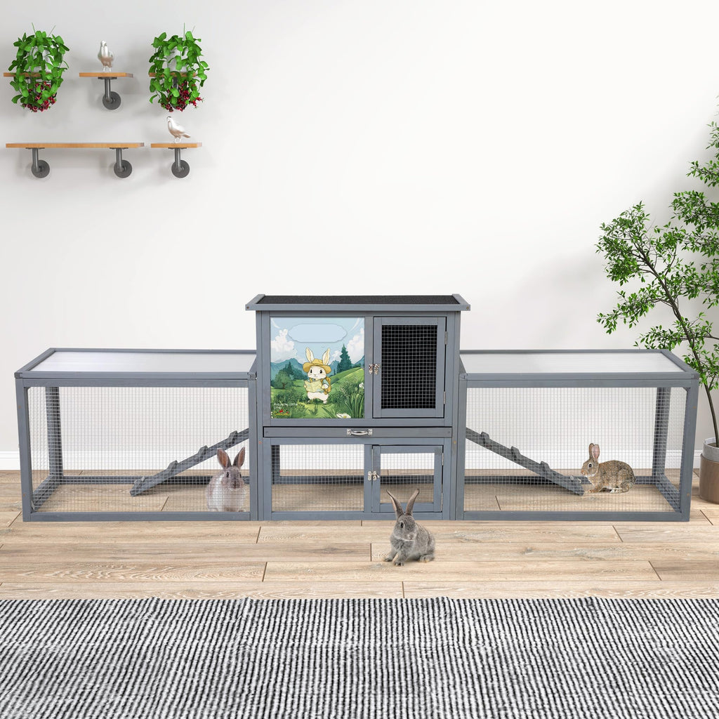 94.5" 2-Story Wooden Rabbit Hutch with Pull-Out Tray K444