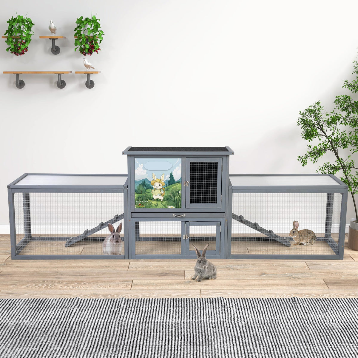 94.5" 2-Story Wooden Rabbit Hutch with Pull-Out Tray K444