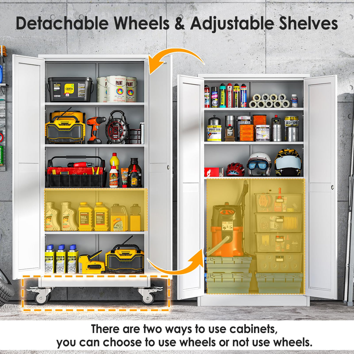 71''H White Metal Storage Cabinet with Wheels U3648