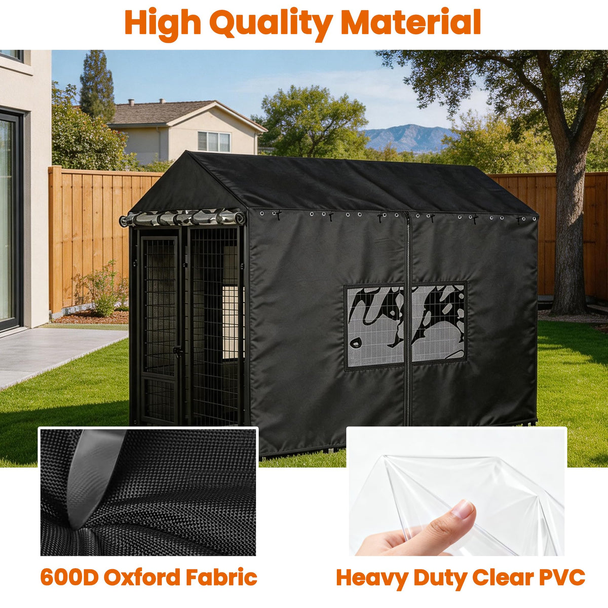 Outdoor Dog Kennel Cover with Clear PVC Windows & Roll-Up Panels H2801