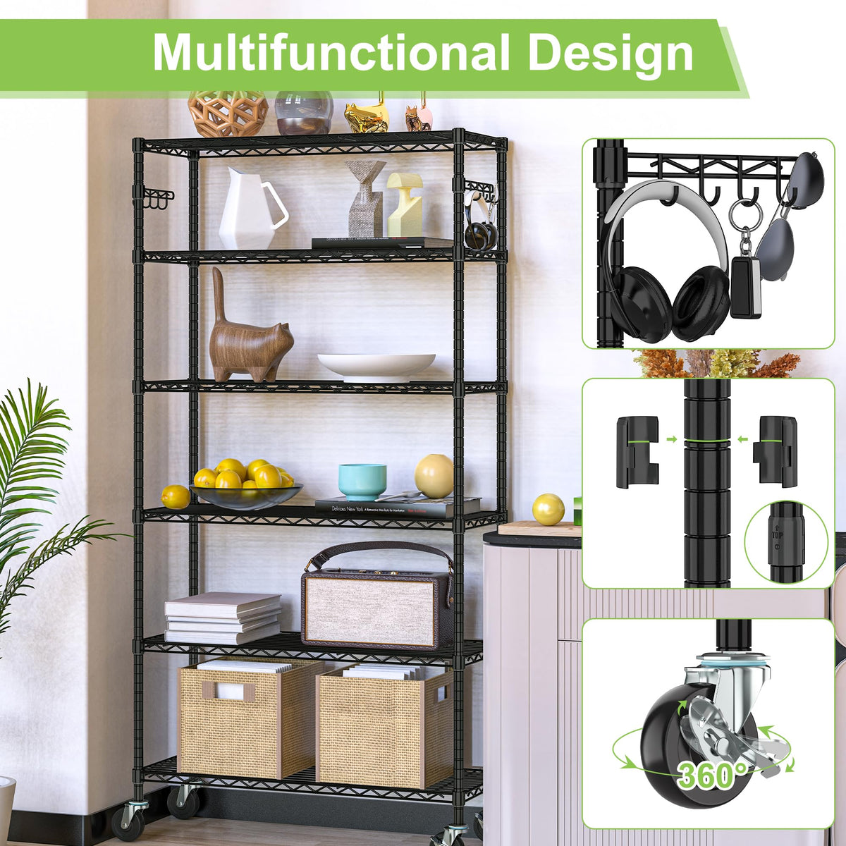 6 Tier Wire Metal Shelving Rack with Wheels F61855