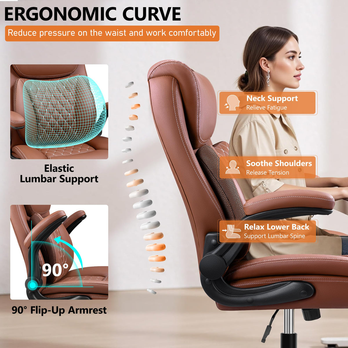 Brown Ergonomic Leather Office Chair with Lumbar Support G155851