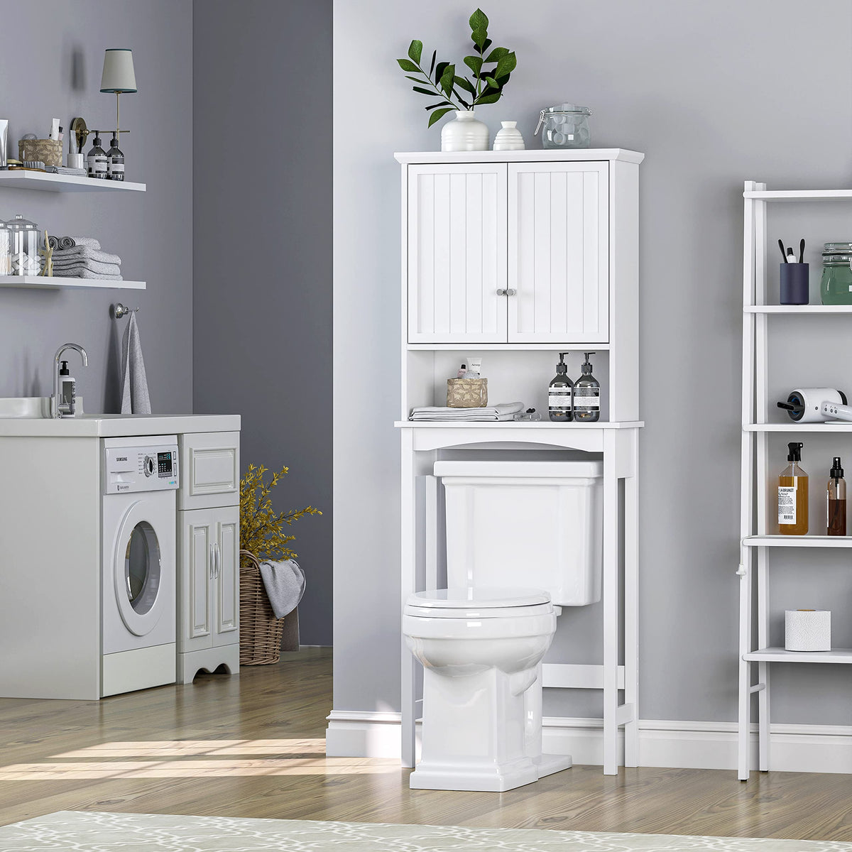 Over the Toilet Storage Cabinet with Doors, Adjustable Shelf, White O12204