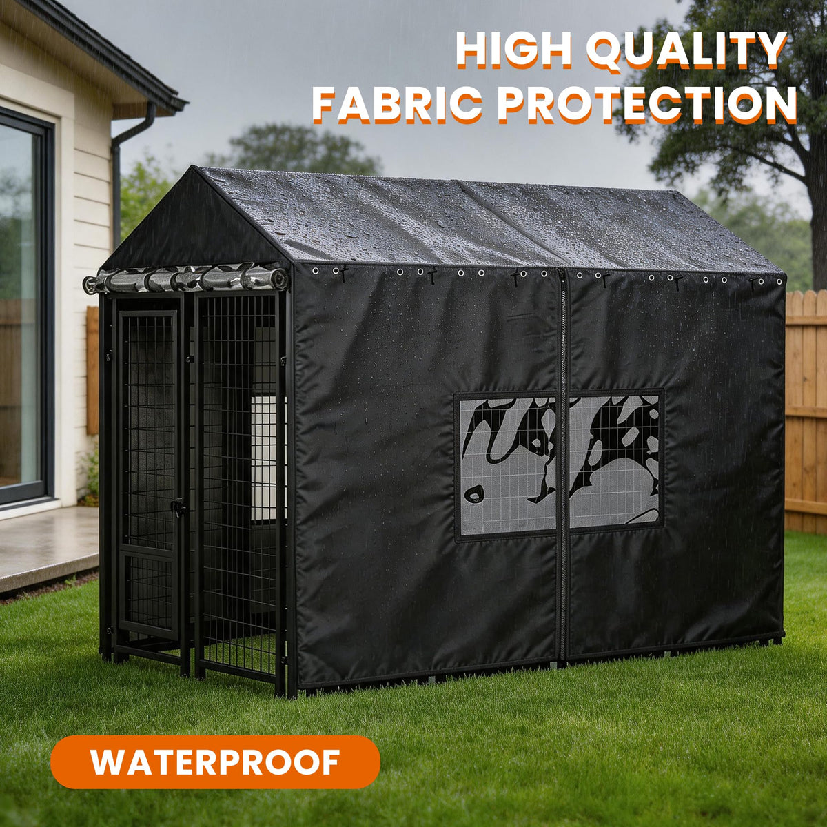 Outdoor Dog Kennel Cover with Clear PVC Windows & Roll-Up Panels H2801