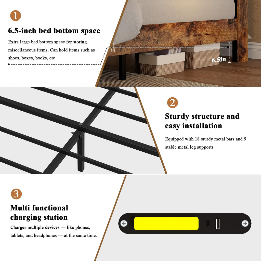 King Size Wood Platform Bed Frame with Headboard Storage Shelf P954914