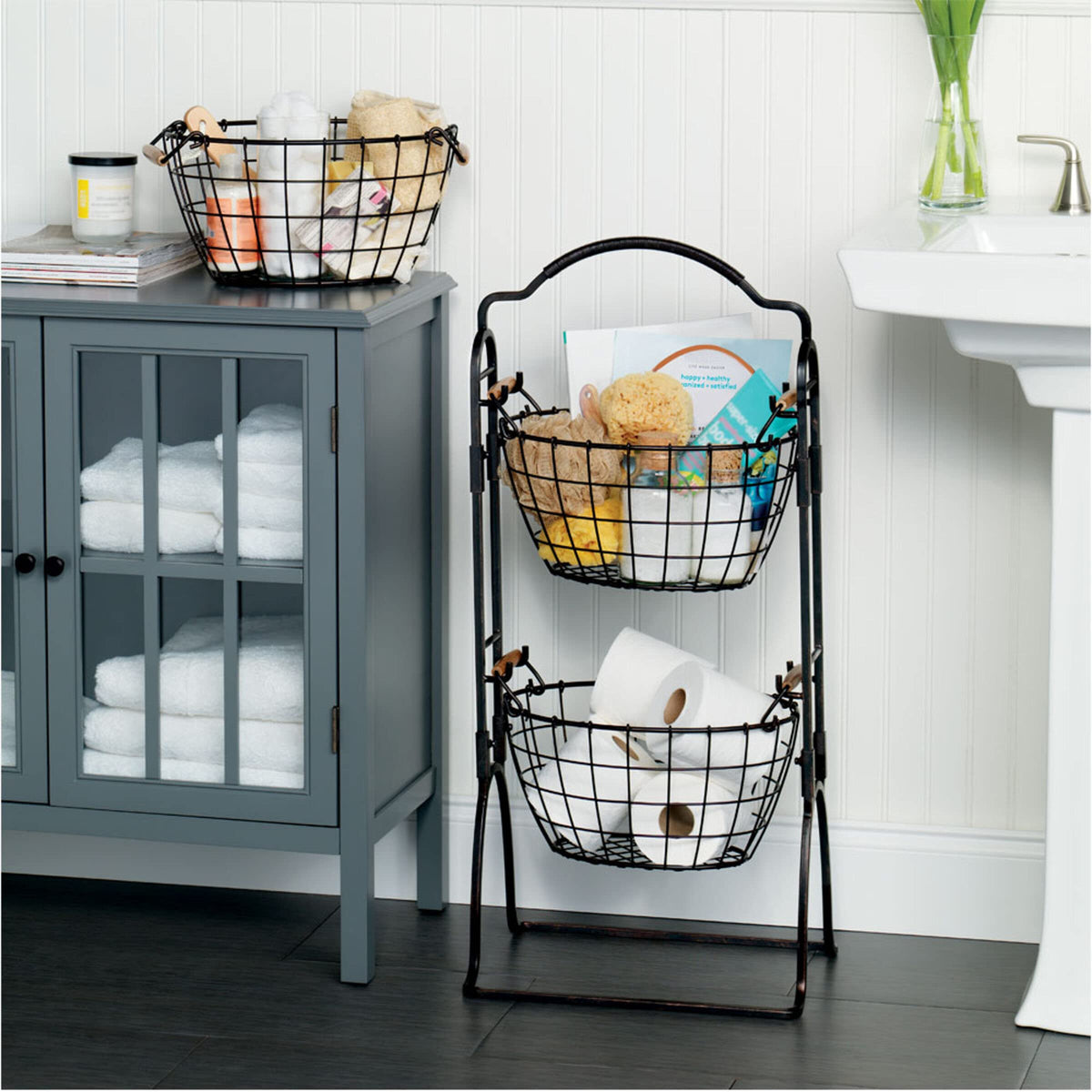 Adjustable 3-Tier Metal Floor Standing Storage Basket M463578