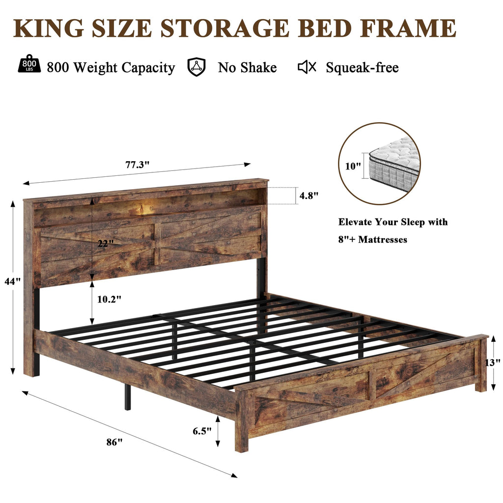King Size Wood Platform Bed Frame with Headboard Storage Shelf P954914