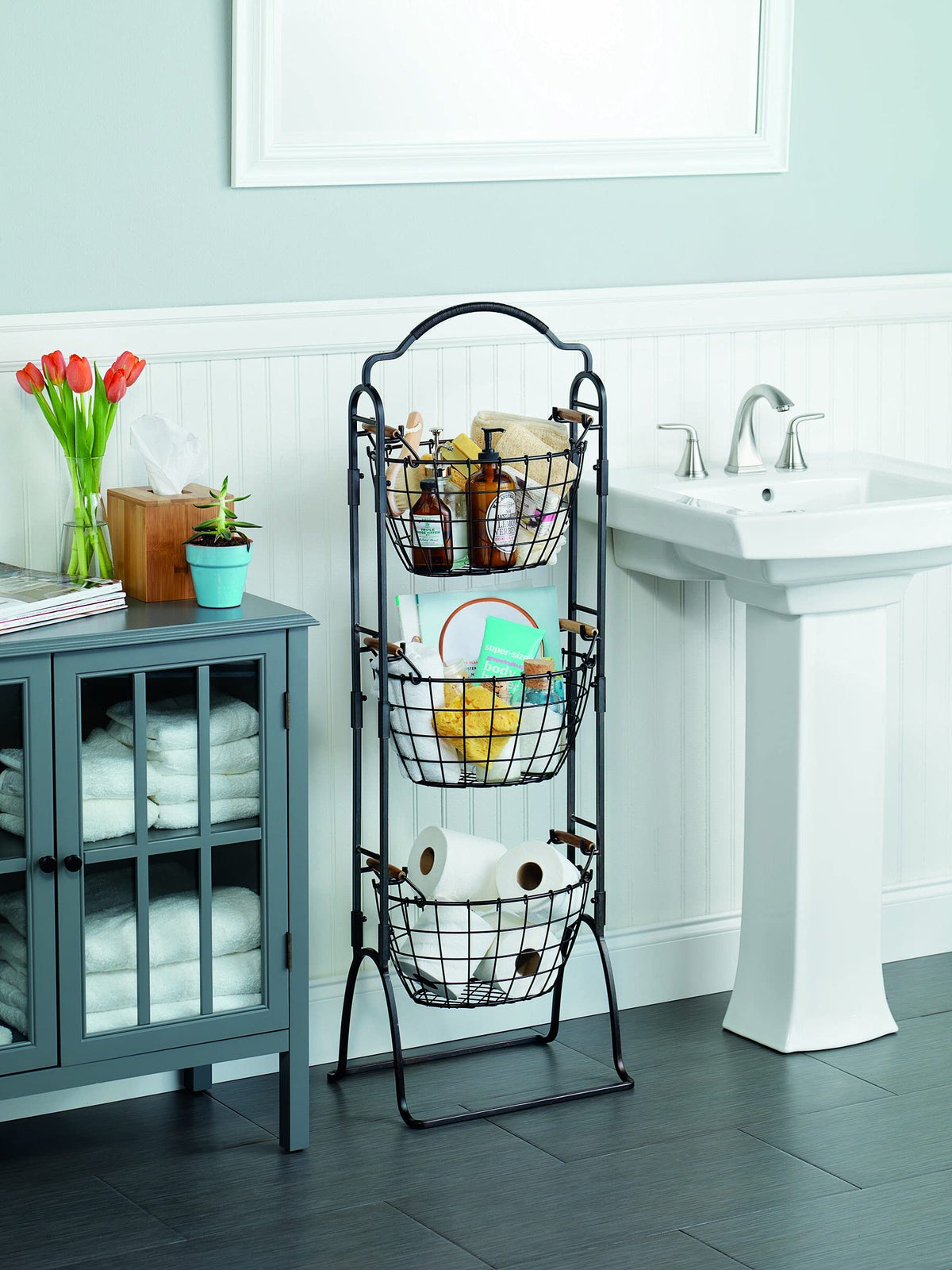 Adjustable 3-Tier Metal Floor Standing Storage Basket M463578
