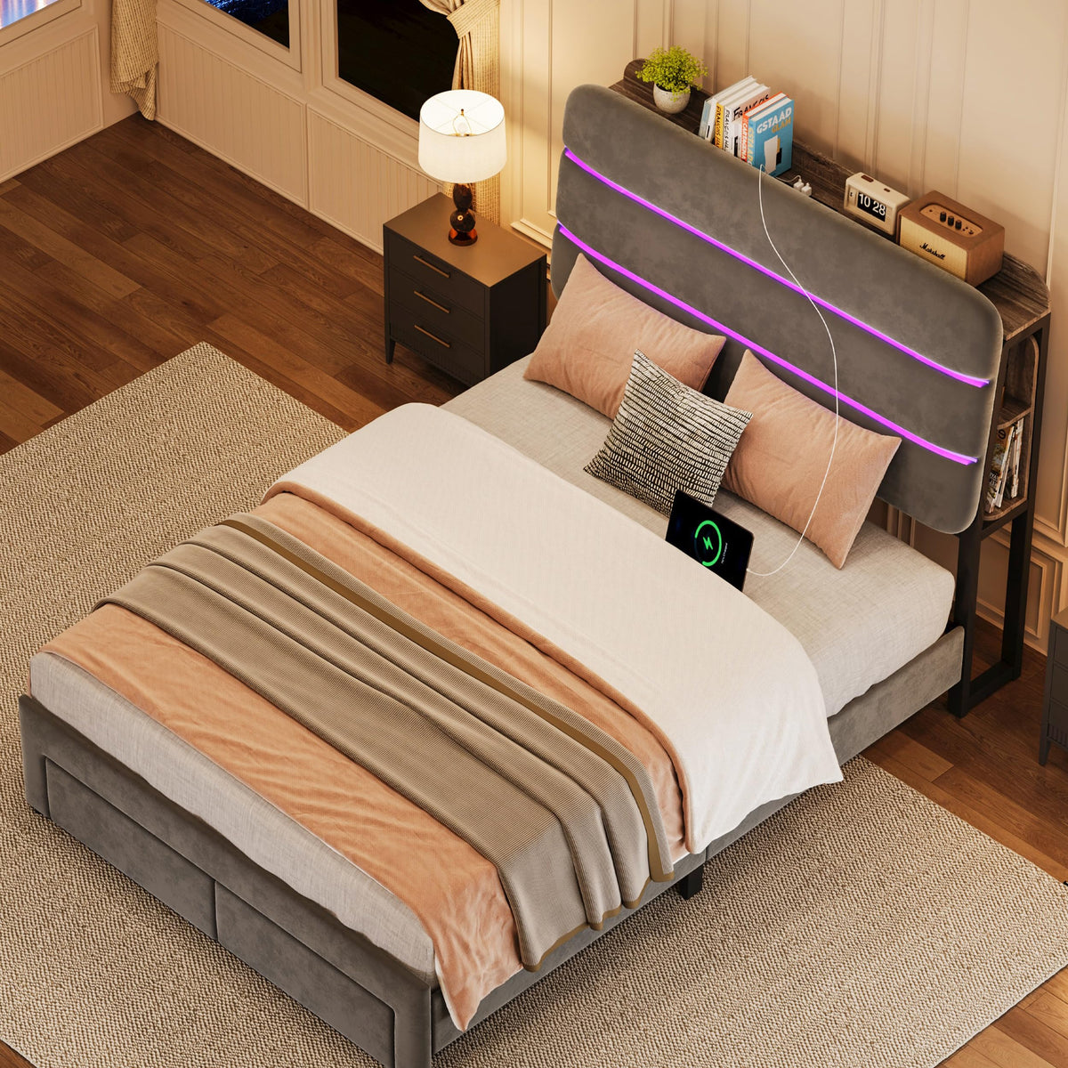 Twin Size Bed Frame with Drawer and Storage Headboard Z85688