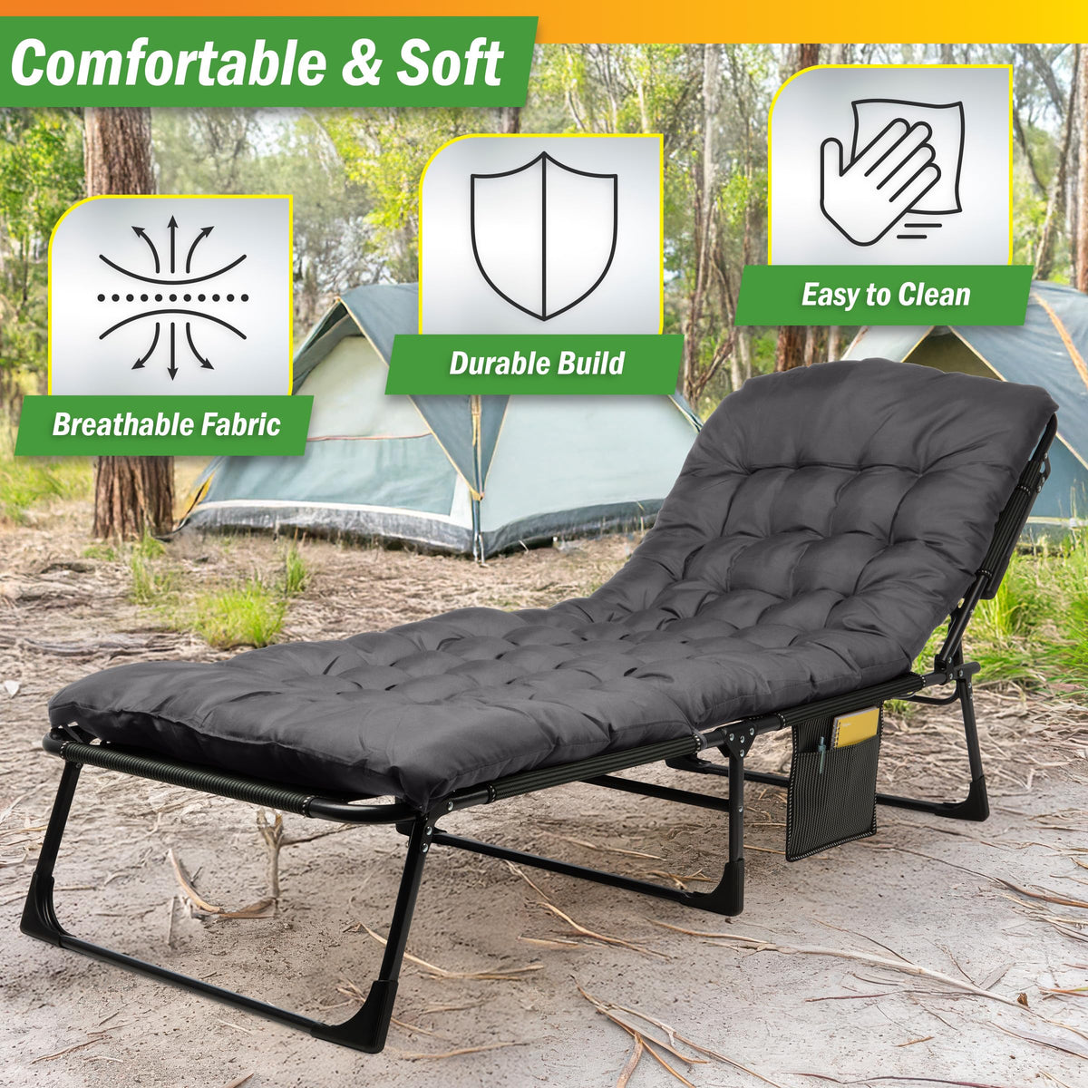 Folding Camping Cot with Mattress, Heavy Duty Foldable Bed with 3 Recline Positions, Gray W328505