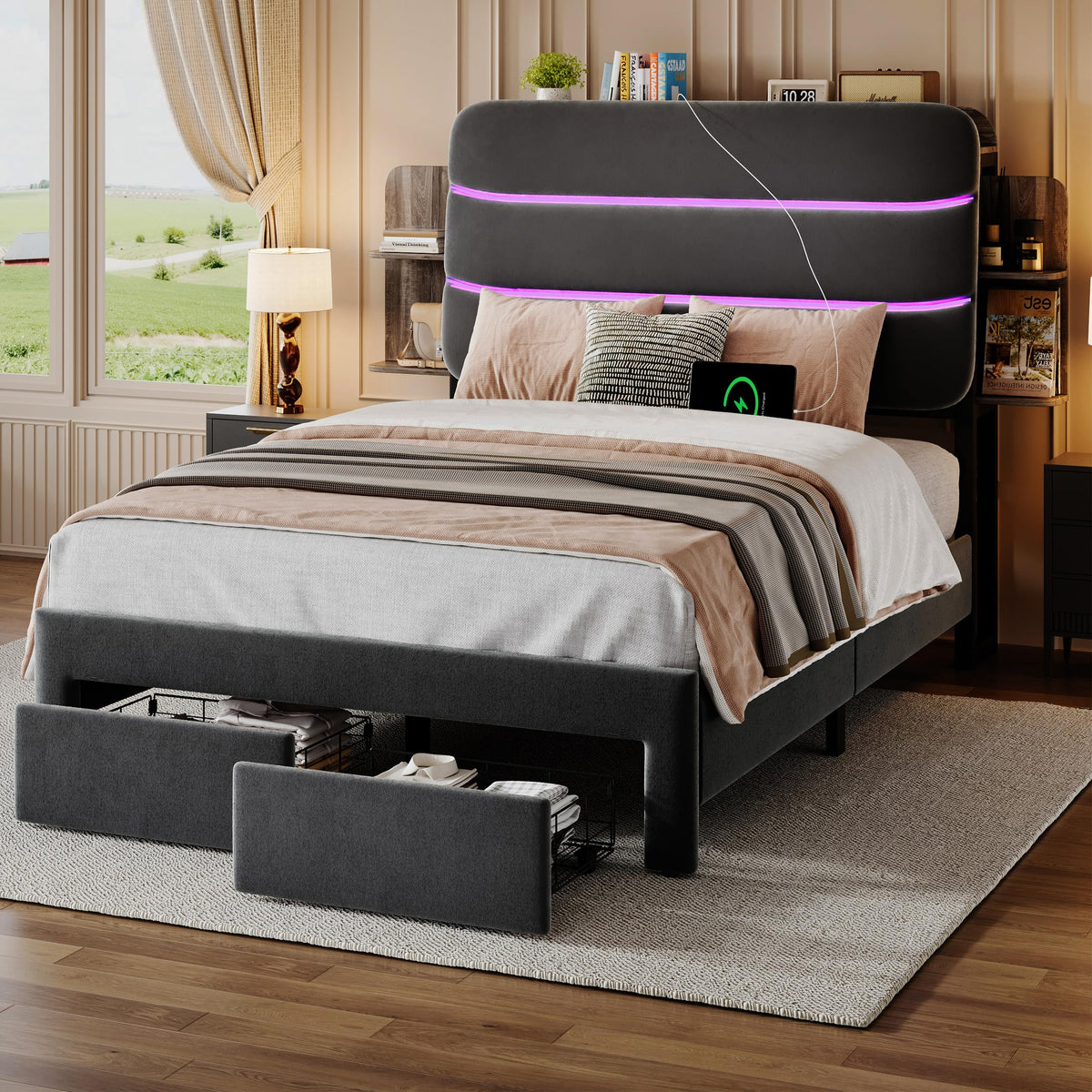 Twin Size Bed Frame with Drawer and Storage Headboard Z85688