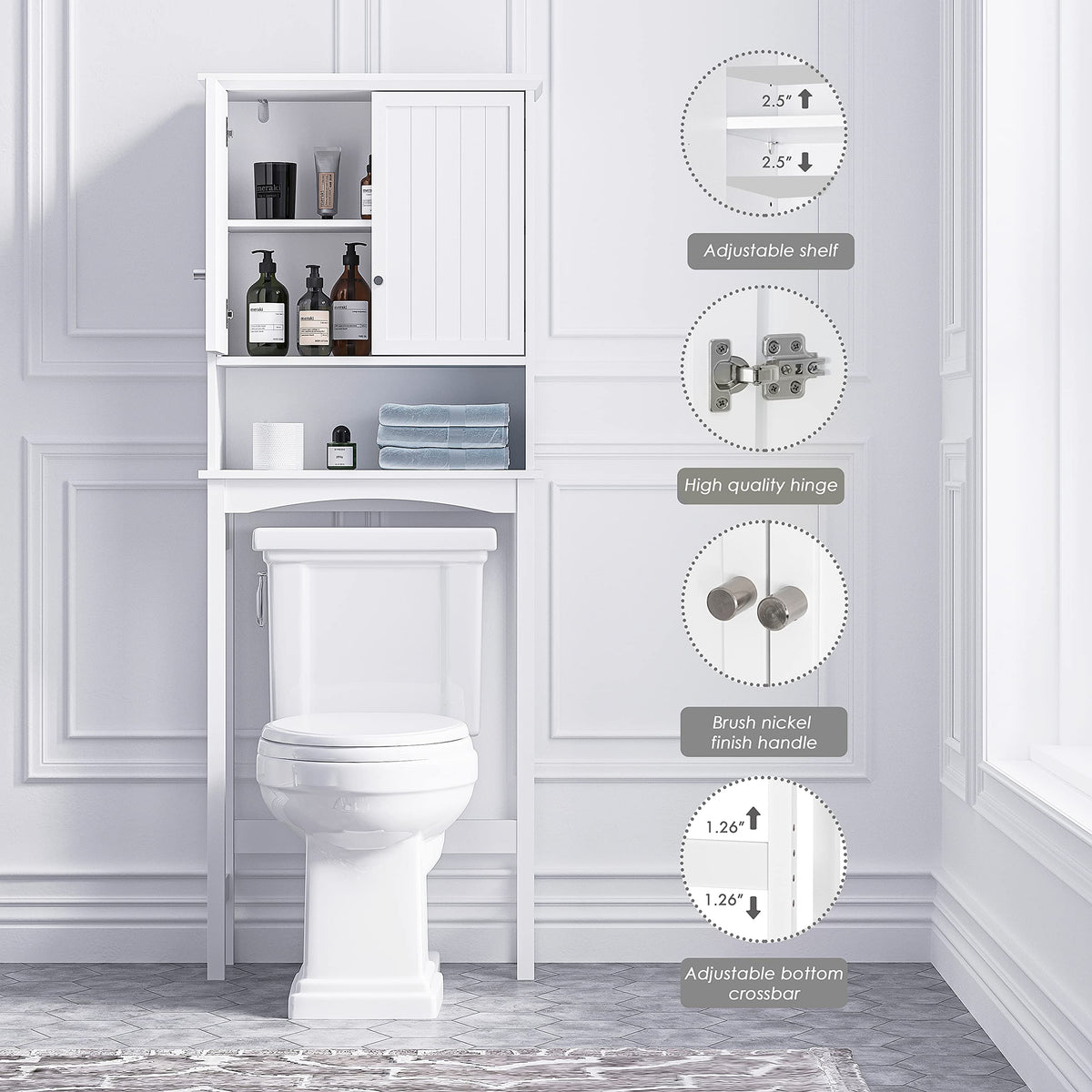 Over the Toilet Storage Cabinet with Doors, Adjustable Shelf, White O12204