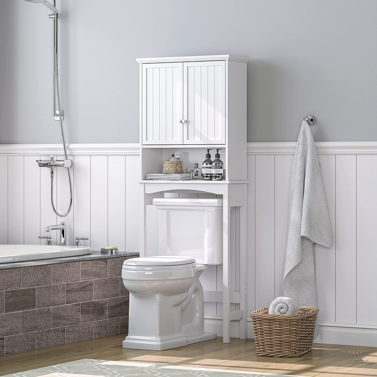 Over the Toilet Storage Cabinet with Doors, Adjustable Shelf, White O12204