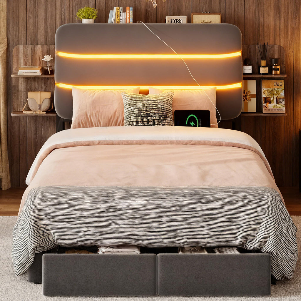 Twin Size Bed Frame with Drawer and Storage Headboard Z85688