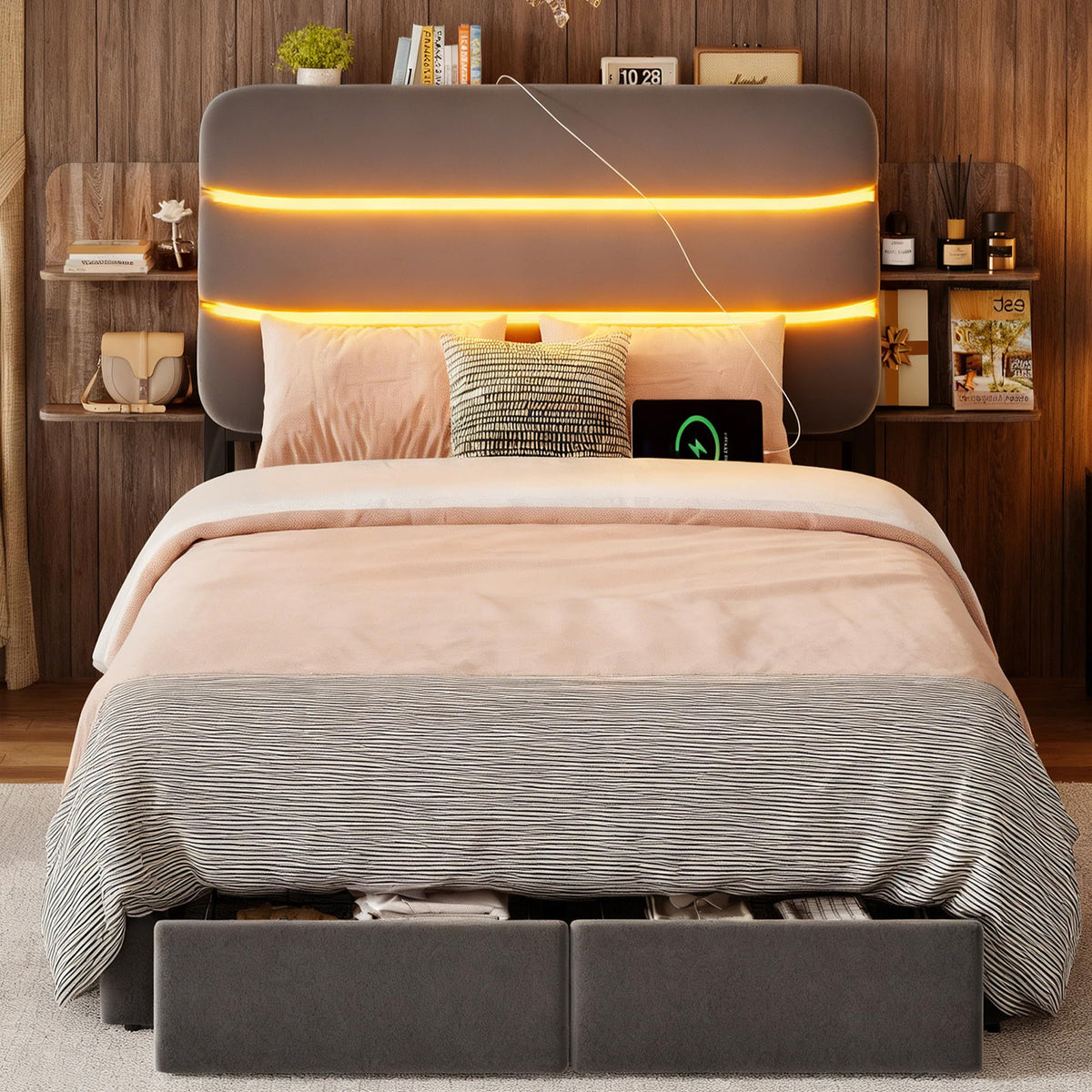 Twin Size Bed Frame with Drawer and Storage Headboard Z85688