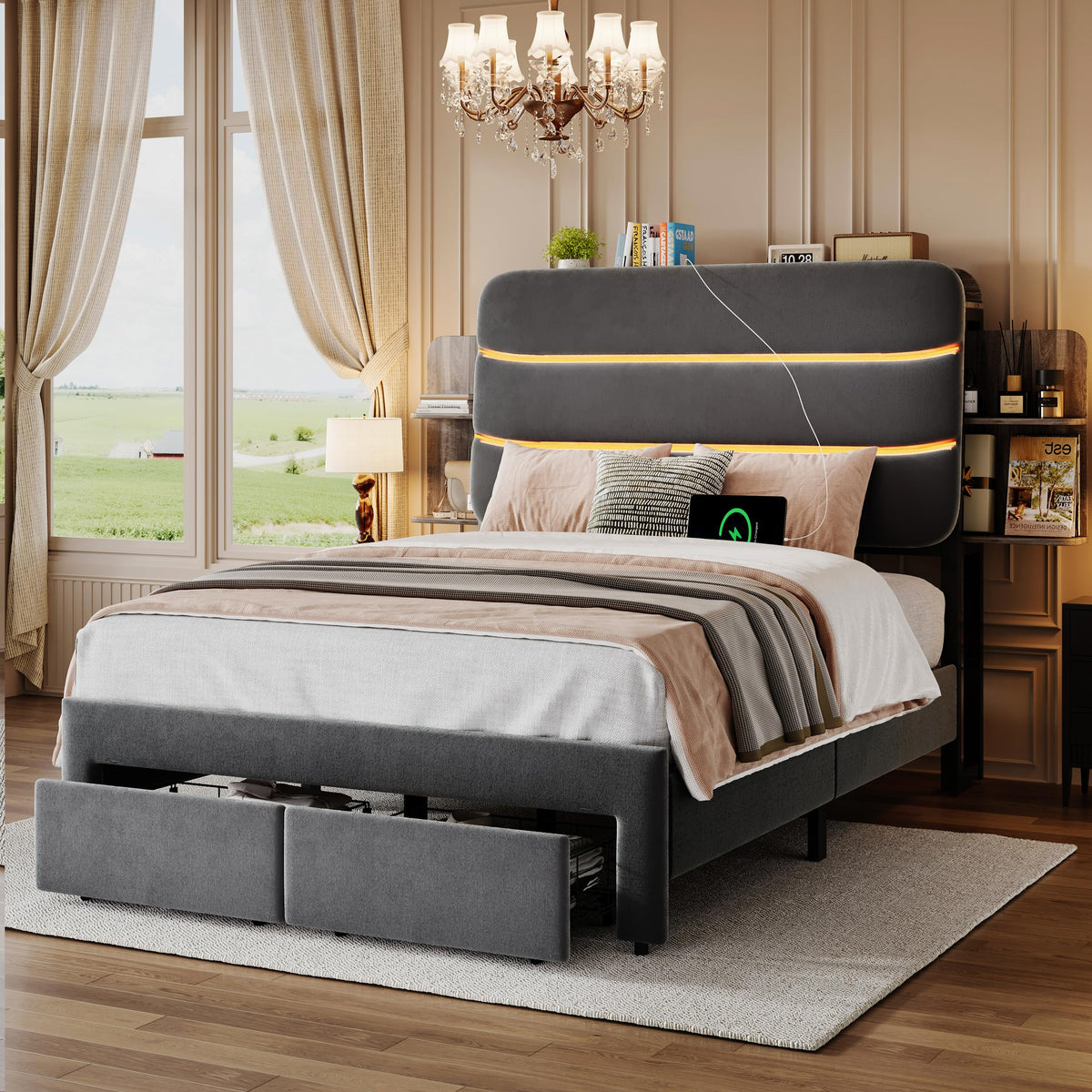 Twin Size Bed Frame with Drawer and Storage Headboard Z85688