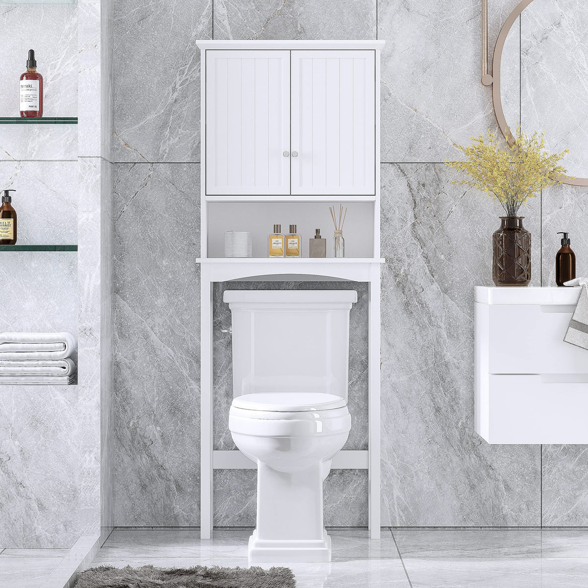 Over the Toilet Storage Cabinet with Doors, Adjustable Shelf, White O12204